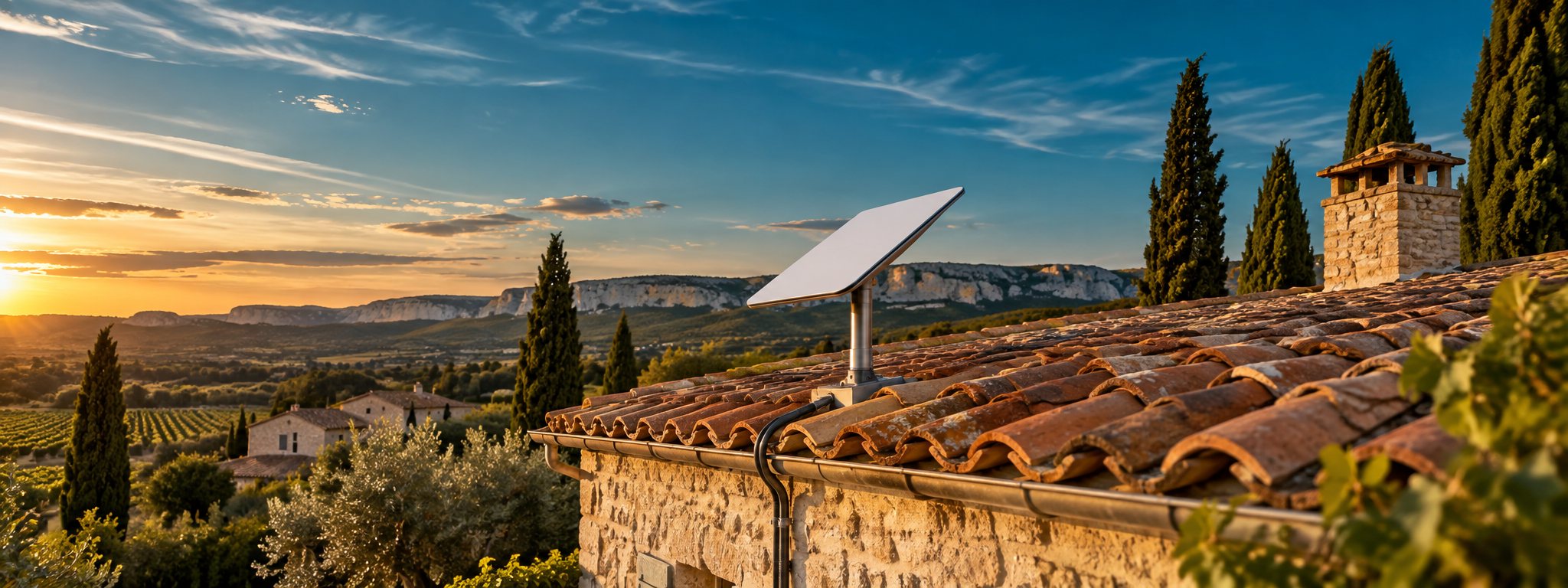 Antenne Starlink fixée sur un mât inox dans une toiture en tuiles canal d'un mas provençal, câble en gaine le long du mur