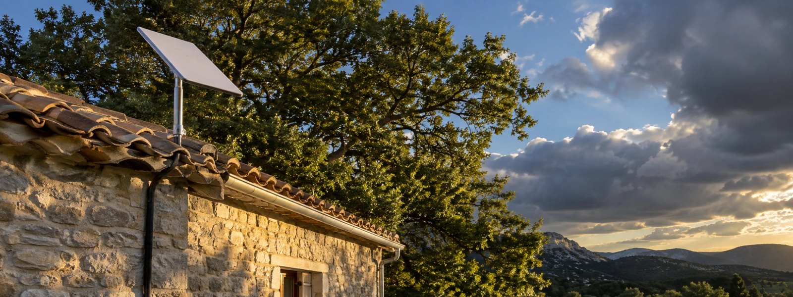 Antenne Starlink sur un mât en toiture d'une maison en pierre, un grand chêne masquant une partie du ciel derrière elle