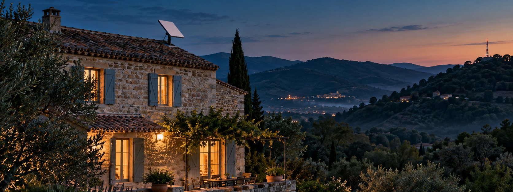 Mas provençal équipé d'une antenne Starlink sur le toit, antenne relais 4G au loin sur la colline
