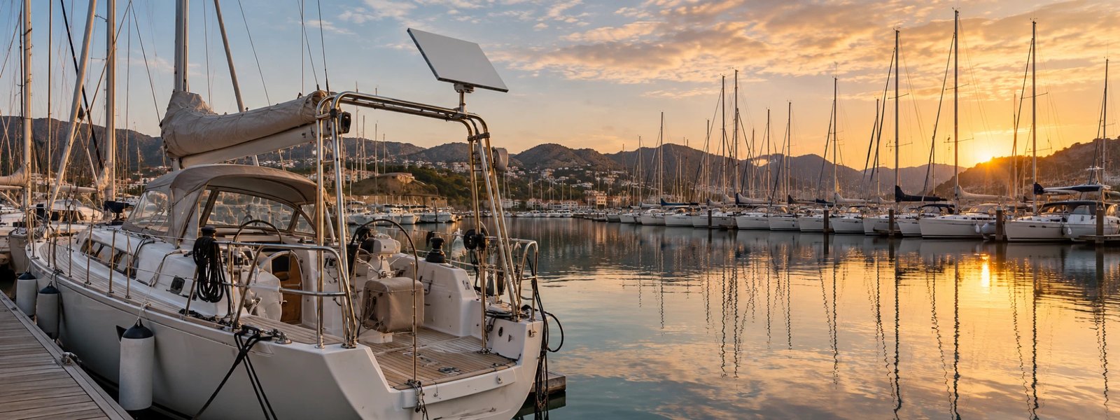Antenne Starlink sur le portique arrière d'un voilier amarré dans un port de plaisance méditerranéen au coucher du soleil