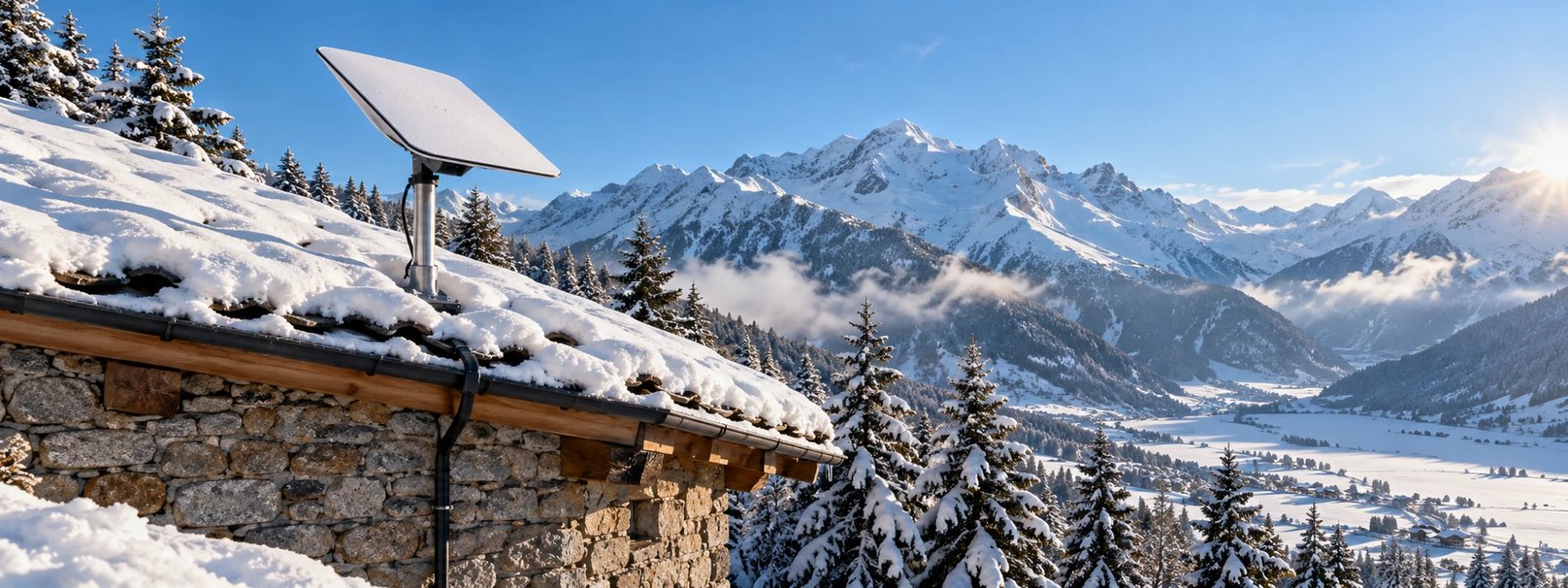 Antenne Starlink dégagée de neige sur le toit enneigé d'une maison de montagne, vallée blanche en arrière-plan